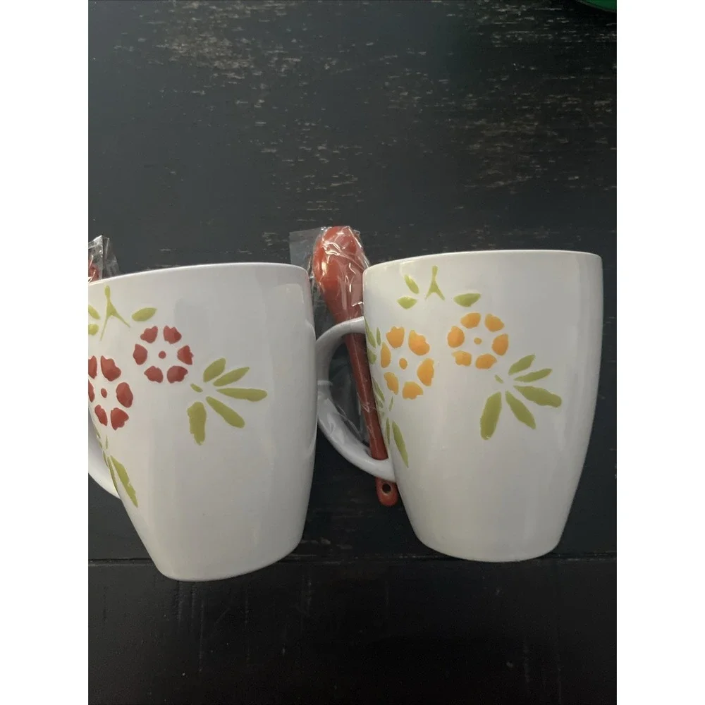 (2) Pier 1 Floral Hand-Painted Stoneware 12 oz. Coffee Mug Cup White Orange Red